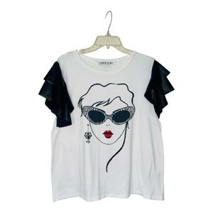 Love J White Tee with Black Ruffled Sleeves